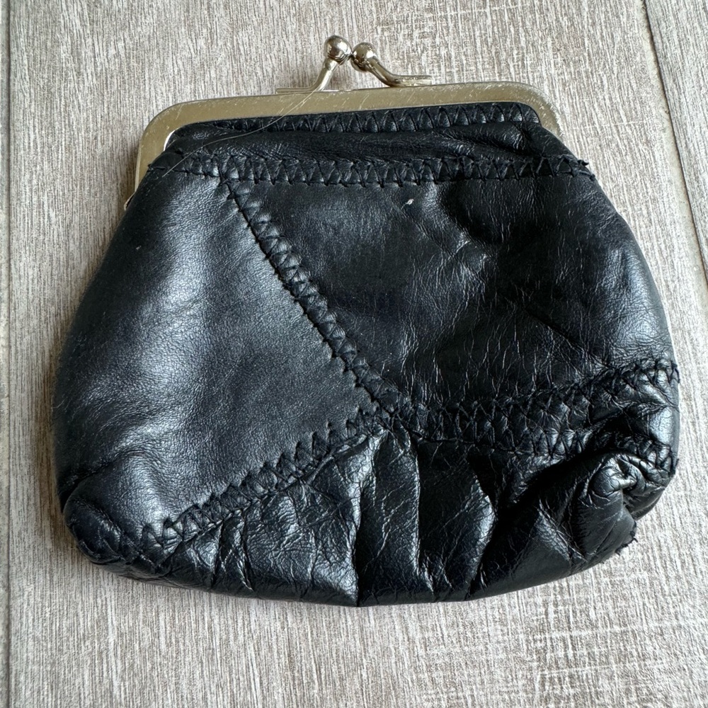 Vintage Genuine Leather Black Patch Coin Purse Change Holder